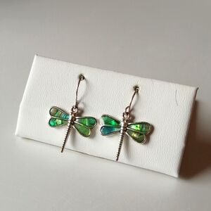 Vintage Dragonfly Abalone Inlay Silvertone Hook Earrings